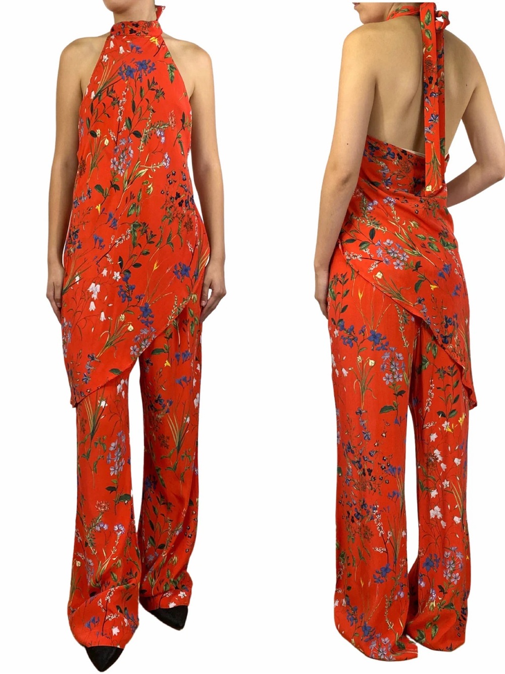 Backstage Australia Red Floral Halter Wide Leg Pants + Top Set Open Back Size S